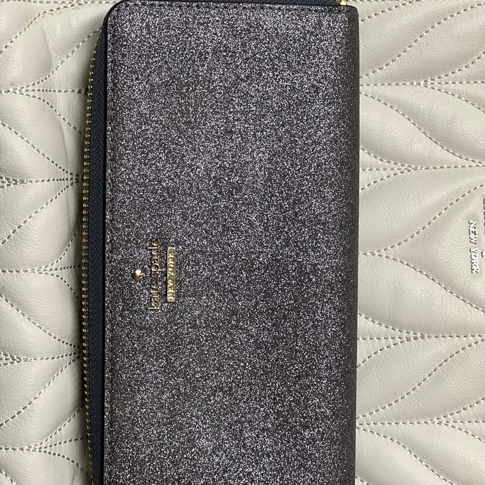 Kate Spade Shimmy Tinsel Glitter Boxed Large Continental Wallet Black Glitter